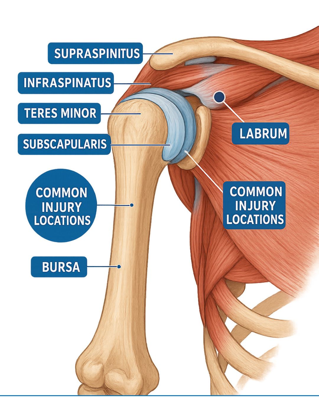 Stem cells for shoulder pain diagram showing rotator cuff muscles, labrum, bursa, and common injury locations